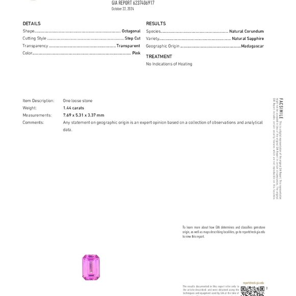 Emerald Natural Mined Loose Sapphire (1.44 Ct Pink Vs2) Gia C53000098 - Picture 5 of 6